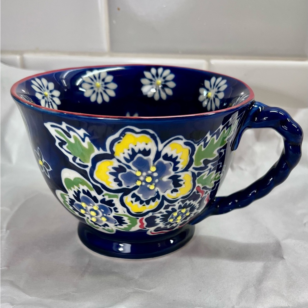 Yokohama Studio Anthropologie Blue Floral Hand Painted Raised Dot Footed Mug